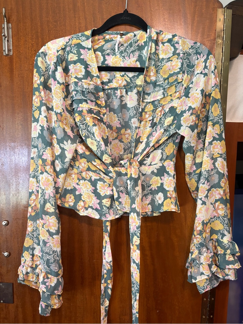 Free People Floral Tie-Front Blouse in Green and Yellow